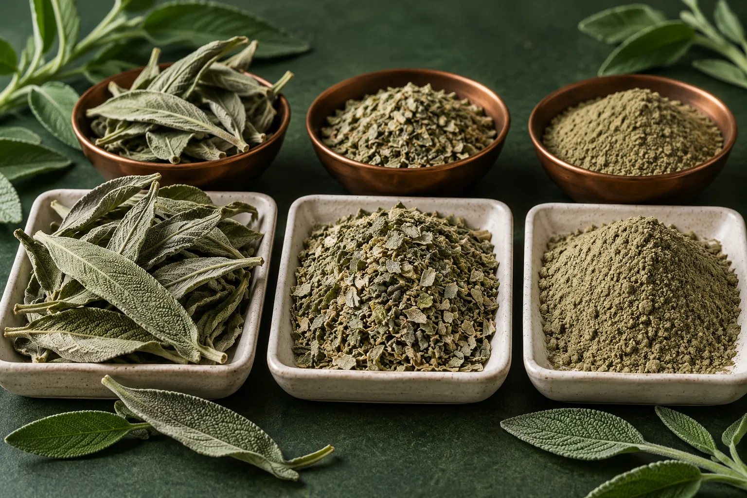 whole, rubbed and ground sage samples on a quality sampling table