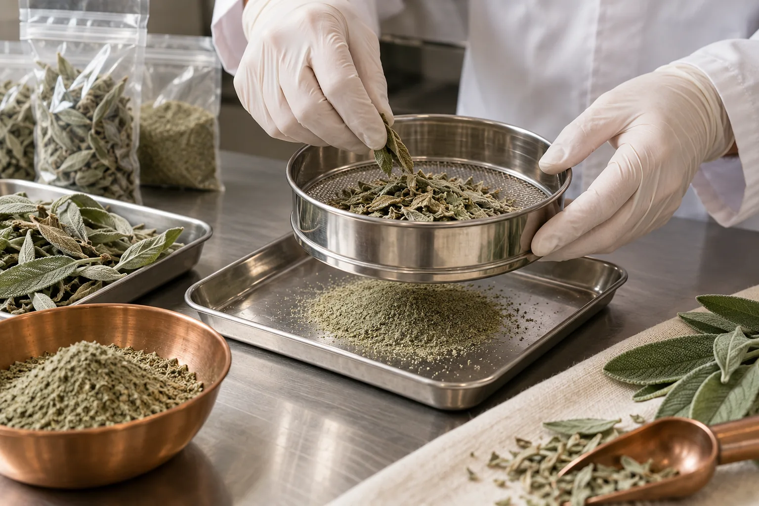 Technician inspecting dried sage herbs at a quality desk